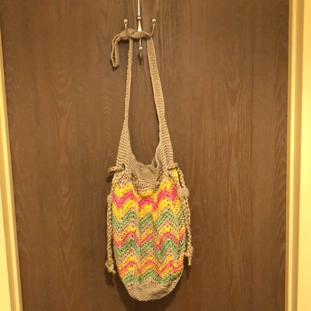 Braciano Boho Crochet/Woven Rainbow Striped  Braided Hippie Bag 16x13”-12” drop